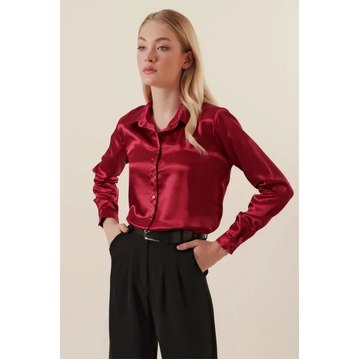 3964 Hafif Dökümlü Saten Gömlek - Mürdüm