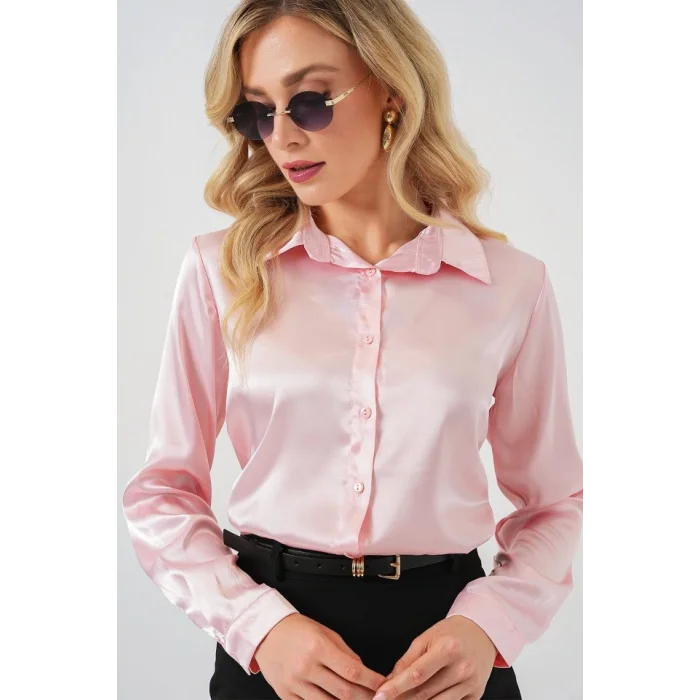 3964 Hafif Dökümlü Saten Gömlek - Pembe