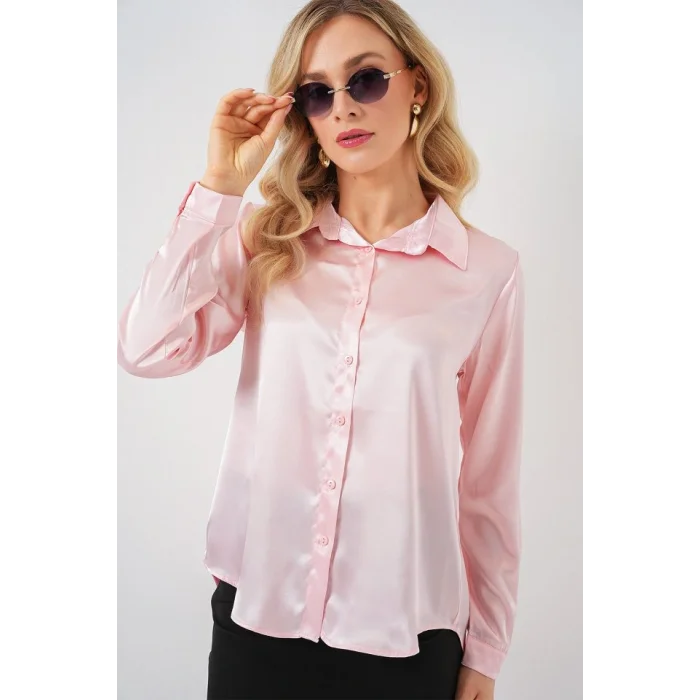3964 Hafif Dökümlü Saten Gömlek - Pembe