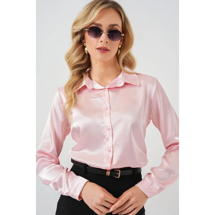 3964 Hafif Dökümlü Saten Gömlek - Pembe