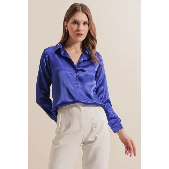 3964 Hafif Dökümlü Saten Gömlek - Saks