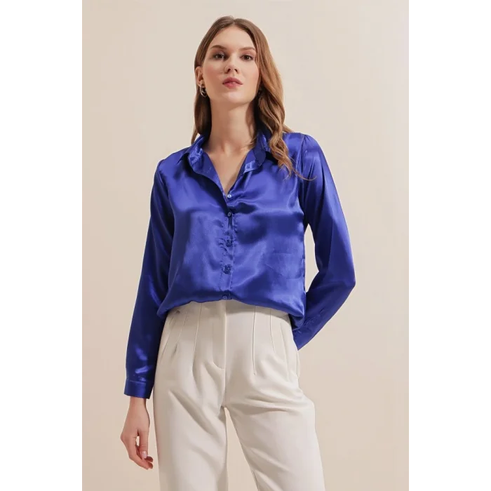 3964 Hafif Dökümlü Saten Gömlek - Saks