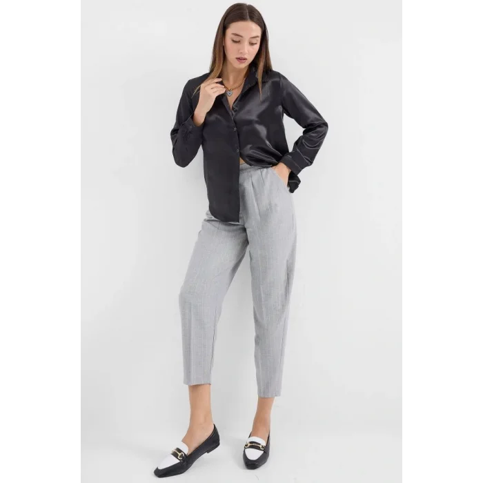 3964 Hafif Dökümlü Saten Gömlek - Siyah