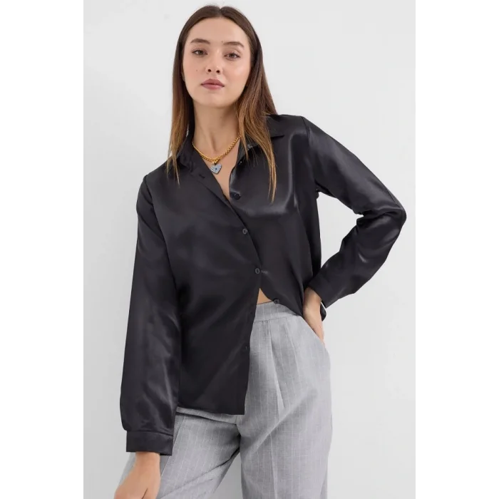 3964 Hafif Dökümlü Saten Gömlek - Siyah