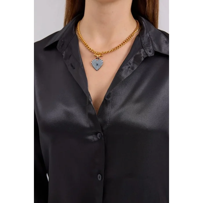 3964 Hafif Dökümlü Saten Gömlek - Siyah