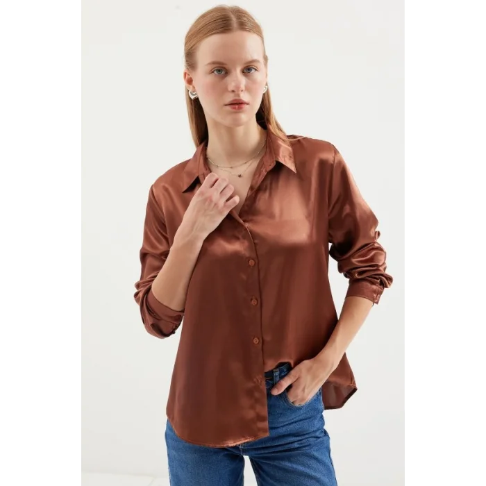 3964 Hafif Dökümlü Saten Gömlek - Taba