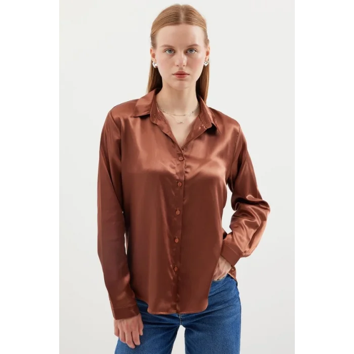 3964 Hafif Dökümlü Saten Gömlek - Taba