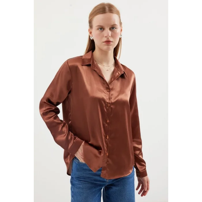 3964 Hafif Dökümlü Saten Gömlek - Taba