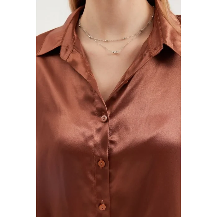3964 Hafif Dökümlü Saten Gömlek - Taba