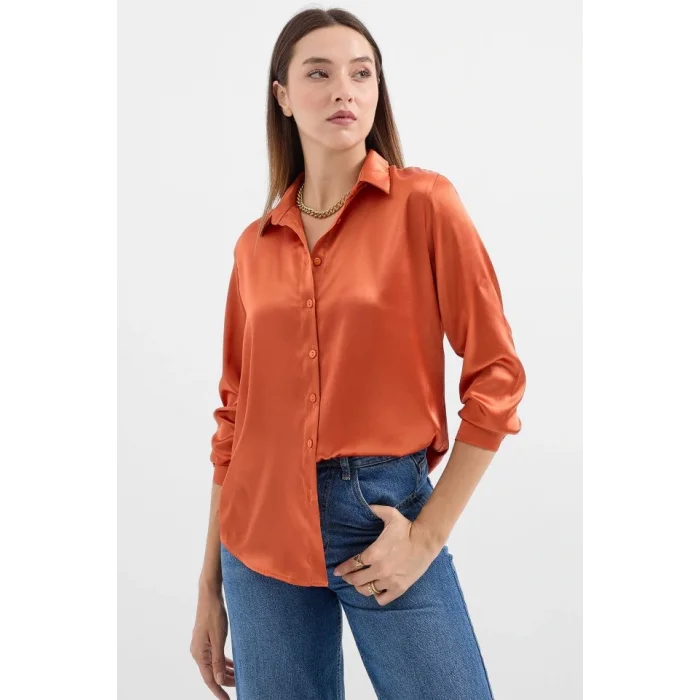 3964 Hafif Dökümlü Saten Gömlek - Turuncu