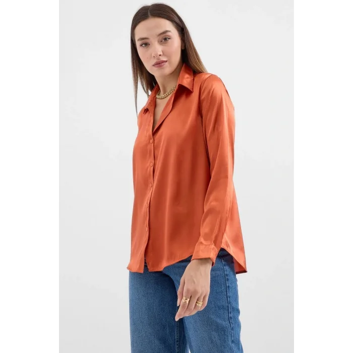 3964 Hafif Dökümlü Saten Gömlek - Turuncu