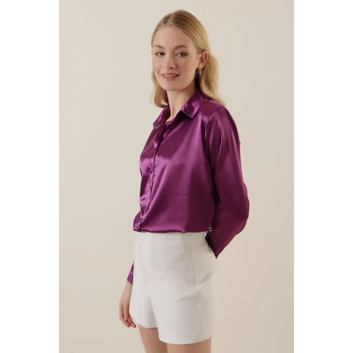 3964 Hafif Dökümlü Saten Gömlek - Y. Mor