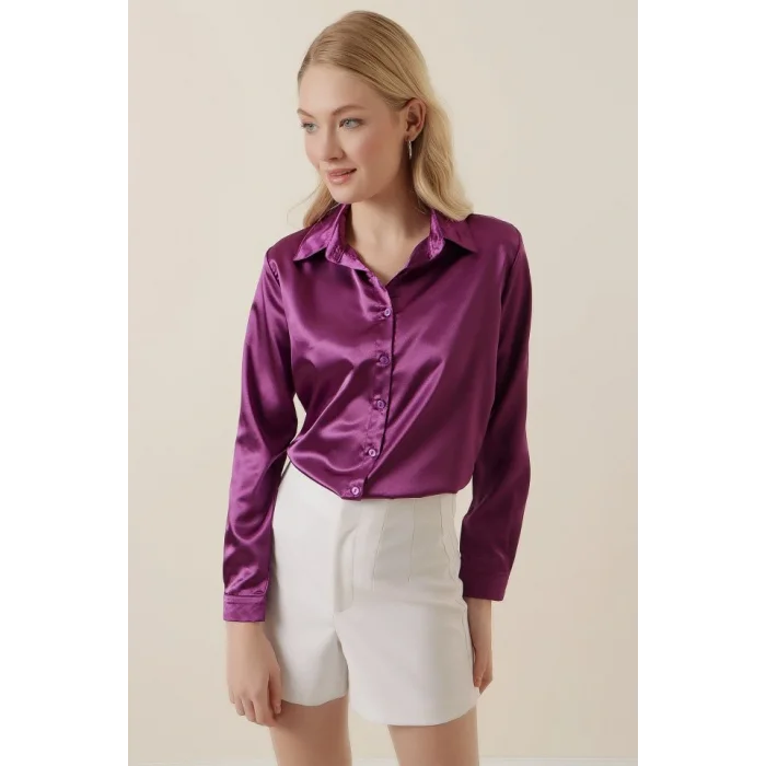 3964 Hafif Dökümlü Saten Gömlek - Y. Mor