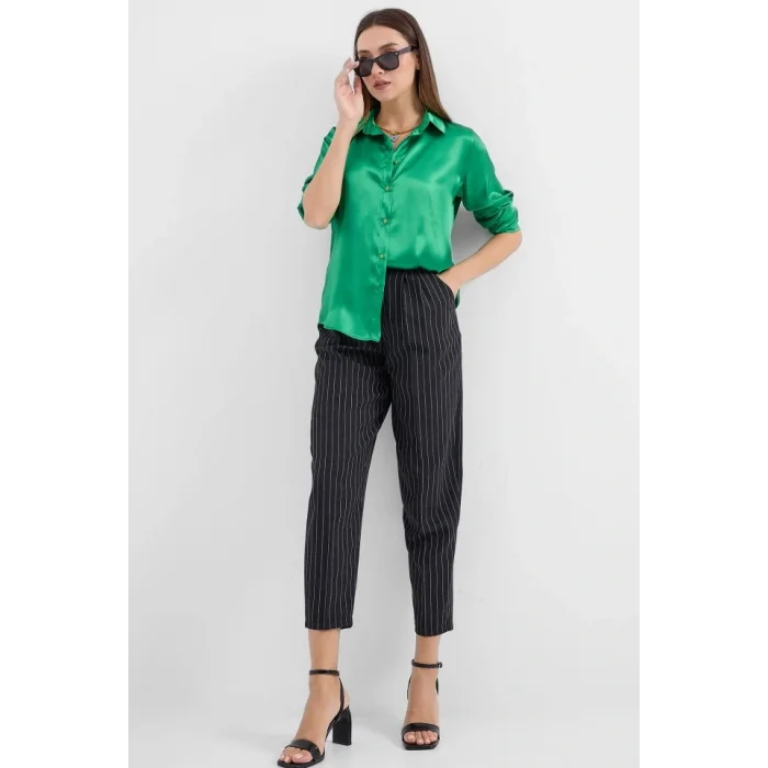 3964 Hafif Dökümlü Saten Gömlek - Yeşil