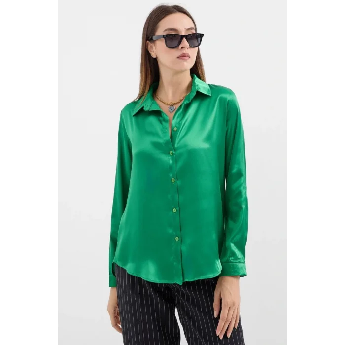 3964 Hafif Dökümlü Saten Gömlek - Yeşil