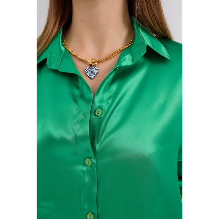 3964 Hafif Dökümlü Saten Gömlek - Yeşil