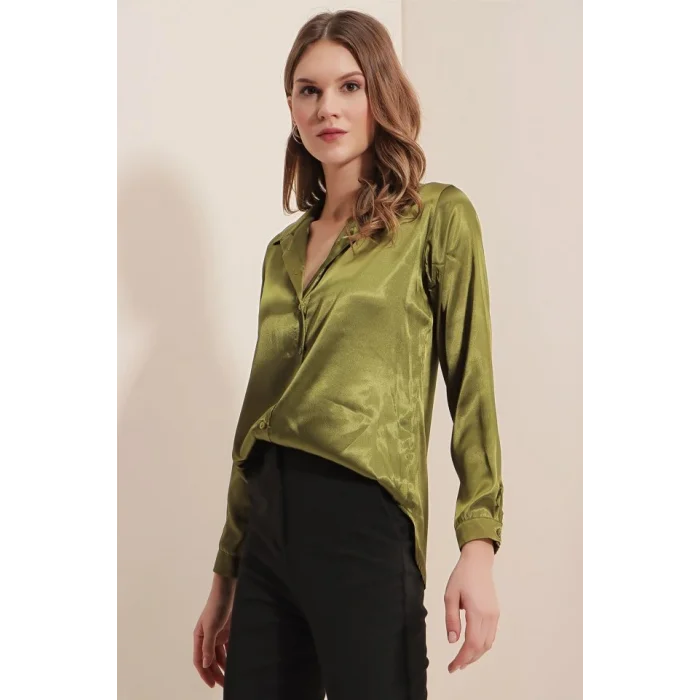 3964 Hafif Dökümlü Saten Gömlek - Y.Haki