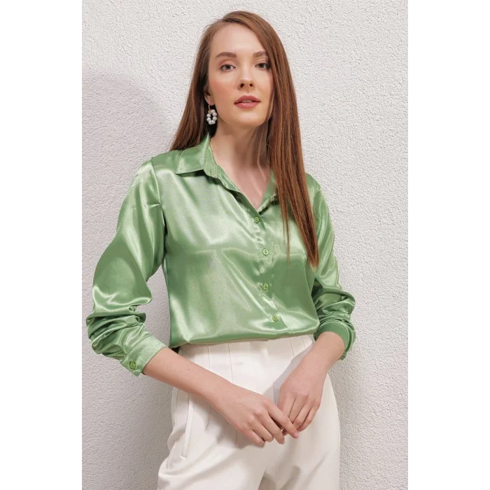 3964 Hafif Dökümlü Saten Gömlek - Y.Yeşil
