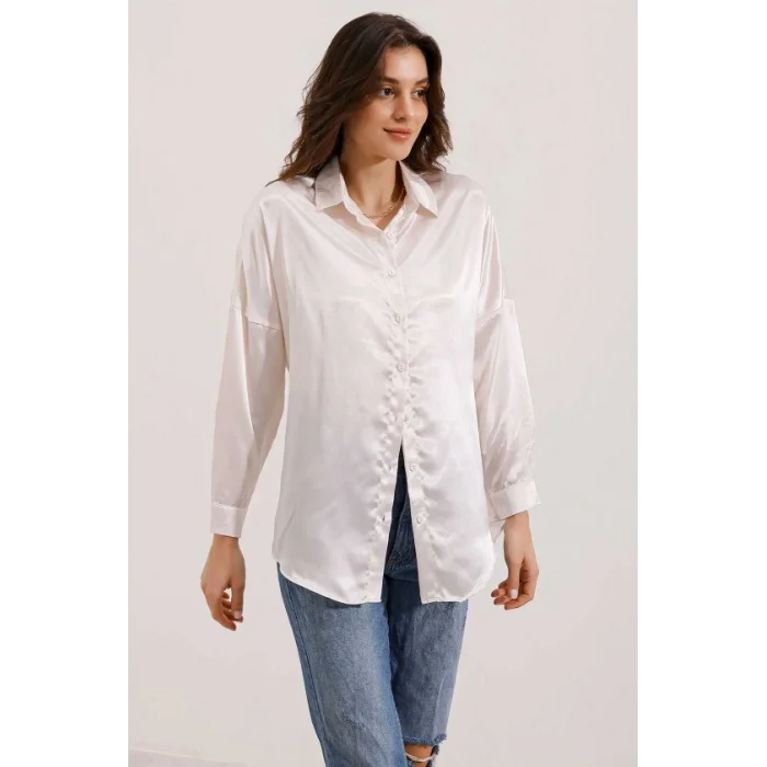 3985 Oversize Saten Gömlek - Bej