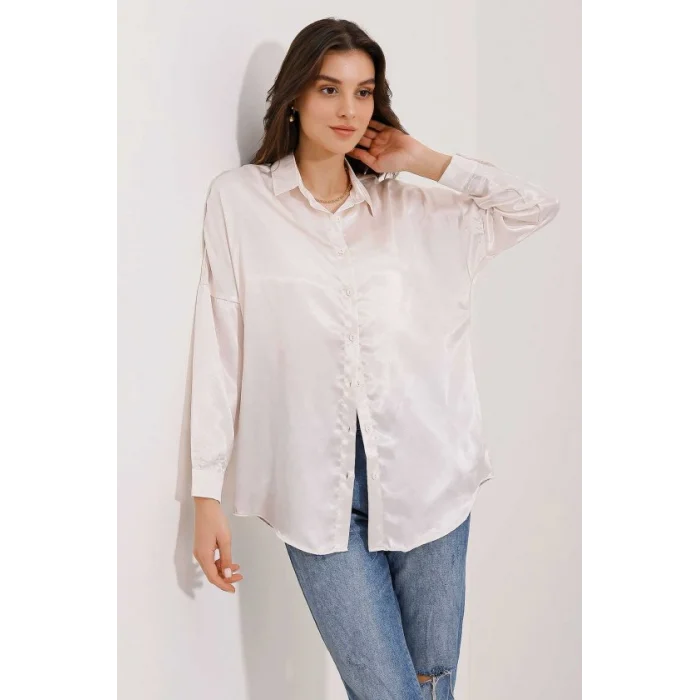 3985 Oversize Saten Gömlek - Bej