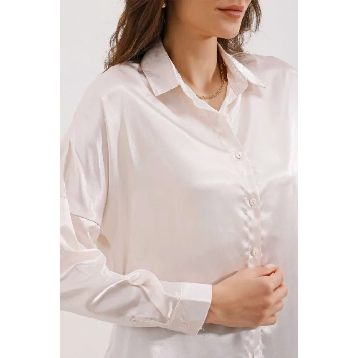 3985 Oversize Saten Gömlek - Bej