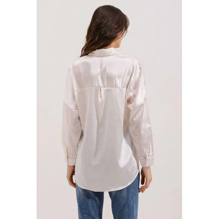 3985 Oversize Saten Gömlek - Bej