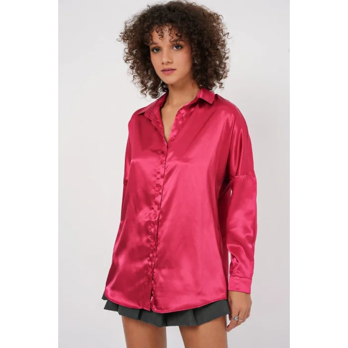 3985 Oversize Saten Gömlek - Bordo