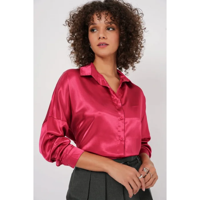 3985 Oversize Saten Gömlek - Bordo