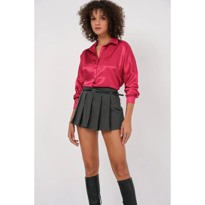 3985 Oversize Saten Gömlek - Bordo