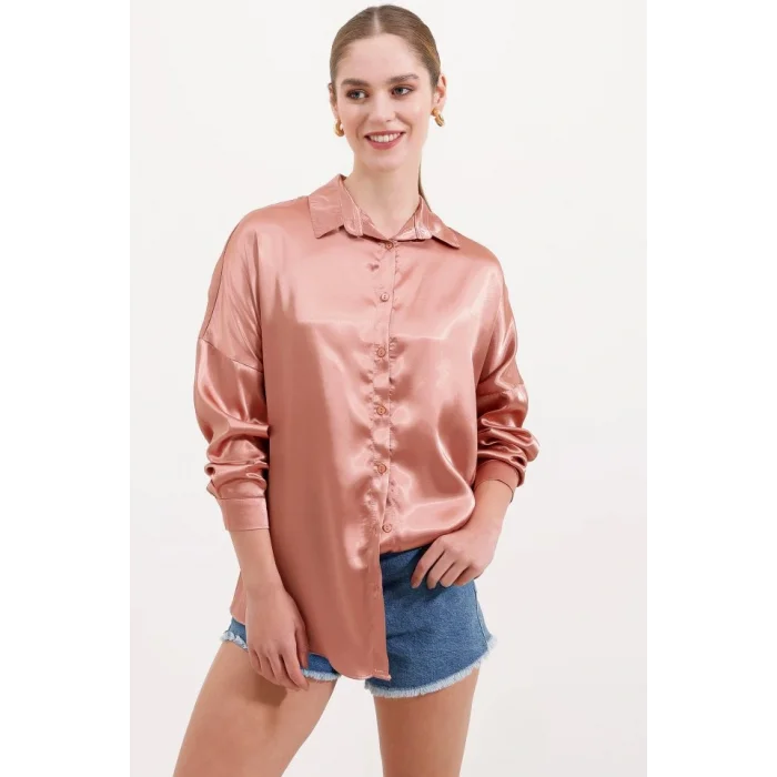 3985 Oversize Saten Gömlek - Camel