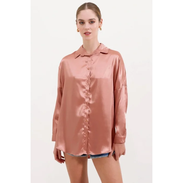 3985 Oversize Saten Gömlek - Camel