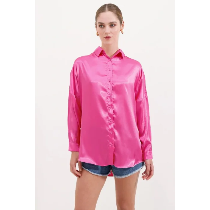 3985 Oversize Saten Gömlek - Fuşya