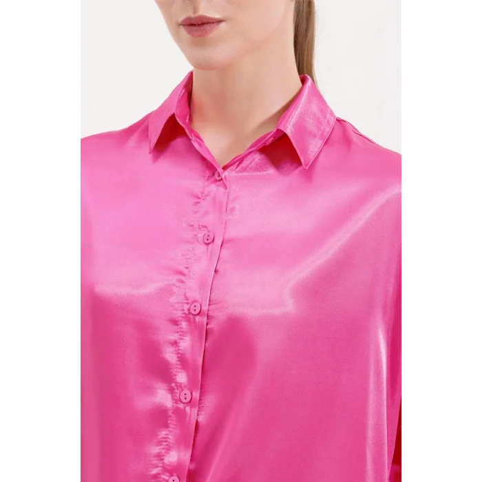 3985 Oversize Saten Gömlek - Fuşya