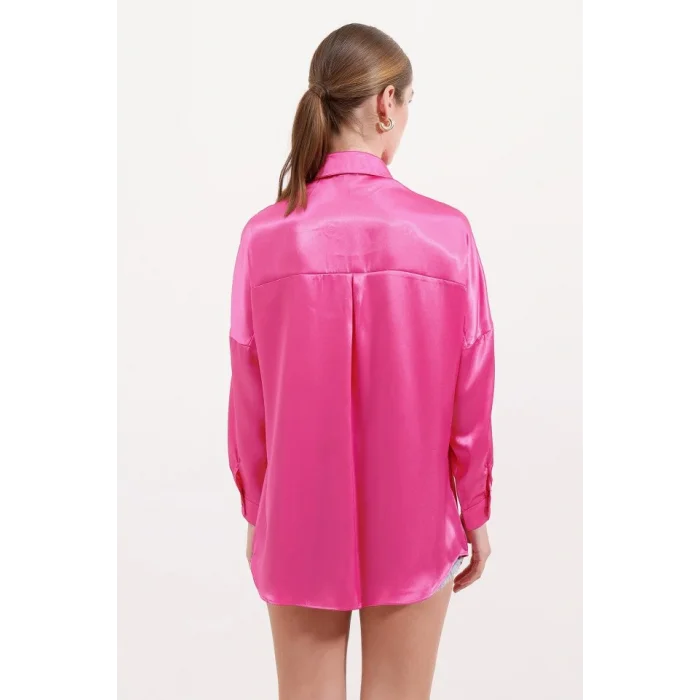 3985 Oversize Saten Gömlek - Fuşya
