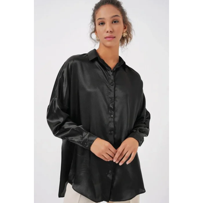 3985 Oversize Saten Gömlek - Siyah