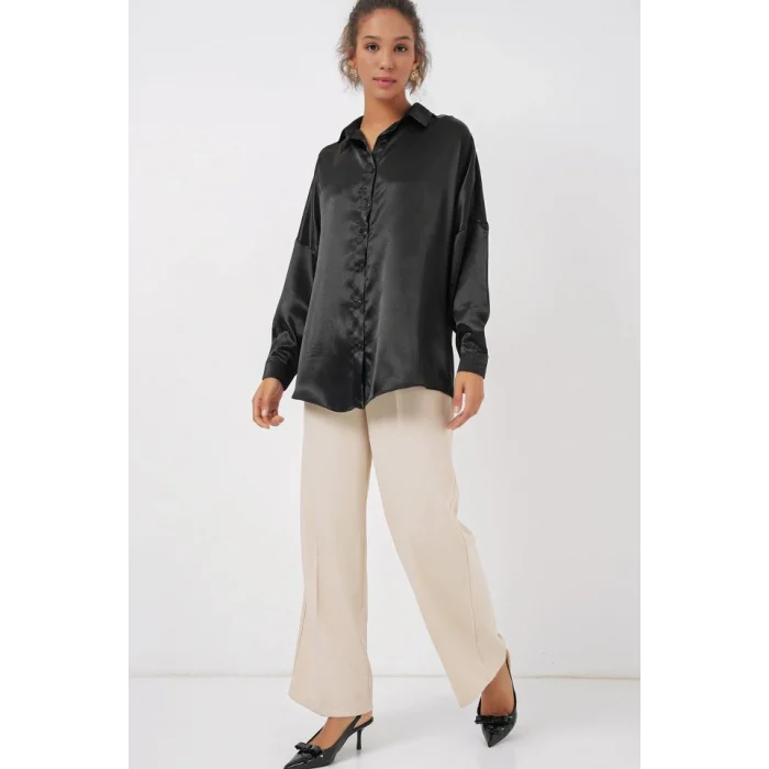3985 Oversize Saten Gömlek - Siyah