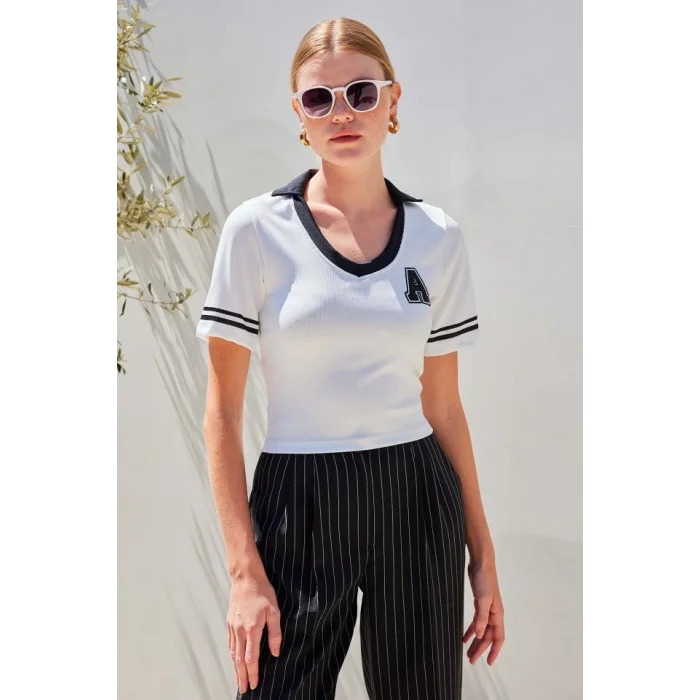 4320 Polo Yaka Basic Triko Bluz - Beyaz