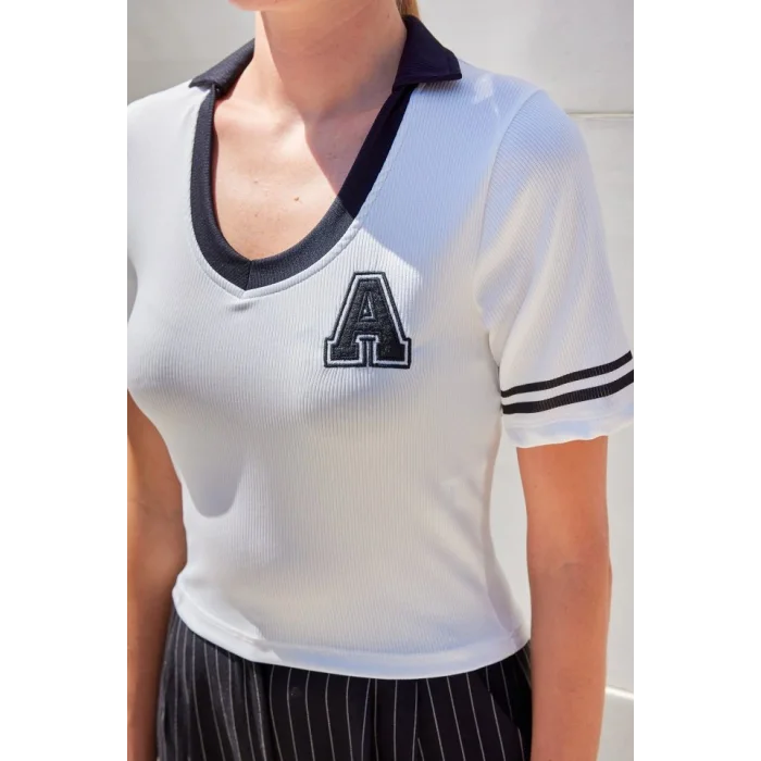 4320 Polo Yaka Basic Triko Bluz - Beyaz