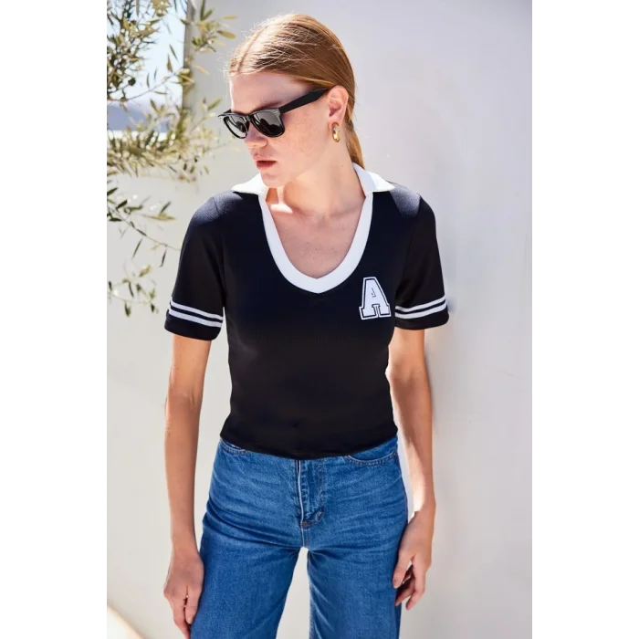 4320 Polo Yaka Basic Triko Bluz - Siyah