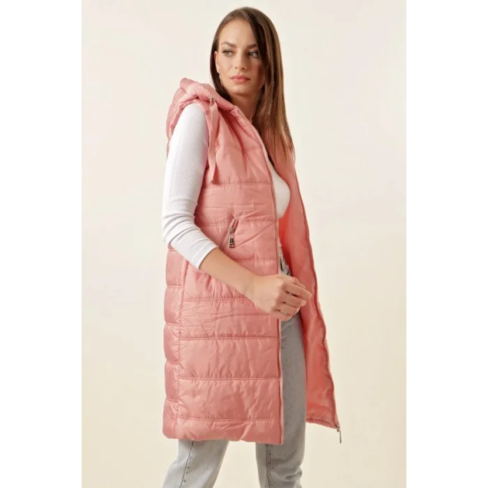 5140 Kapşonlu Uzun Şişme Yelek - Pembe