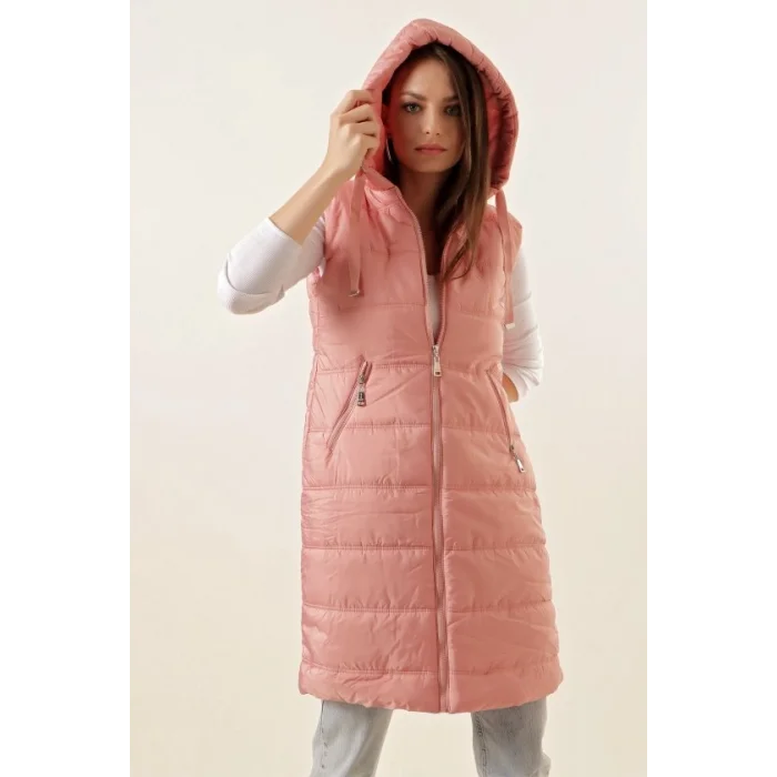5140 Kapşonlu Uzun Şişme Yelek - Pembe