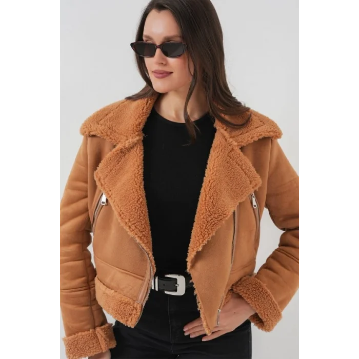5155 Kruvaze Yaka Suni Kürklü Deri Mont - A.Kahve