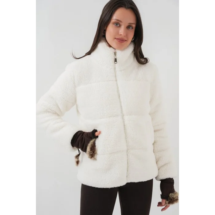 5178 Astarlı Peluş Mont - Beyaz