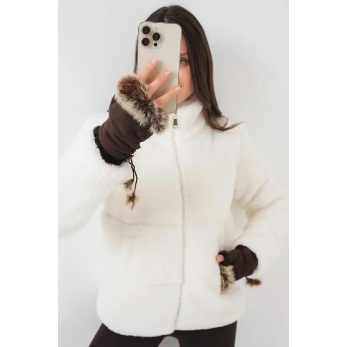 5178 Astarlı Peluş Mont - Beyaz