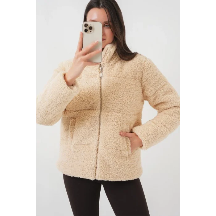 5178 Astarlı Peluş Mont - Krem