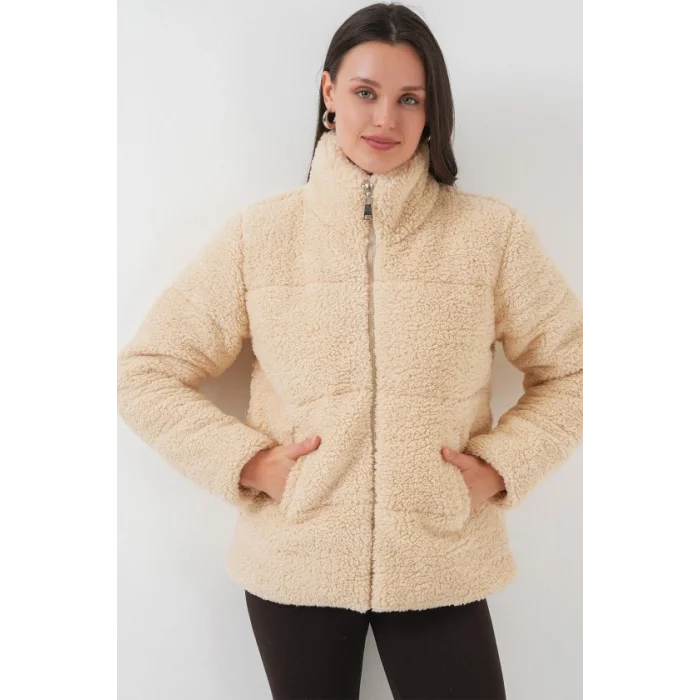 5178 Astarlı Peluş Mont - Krem