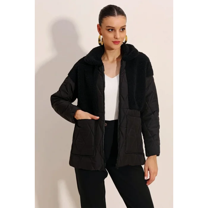 5182 Peluş Detaylı Oversize Şişme Mont - Siyah