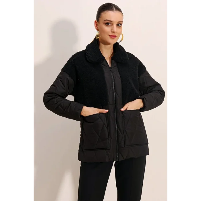 5182 Peluş Detaylı Oversize Şişme Mont - Siyah