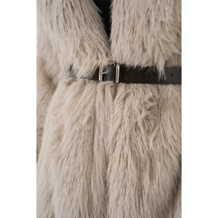 5186 Kruvaze Peluş Kürk Kaban - Krem