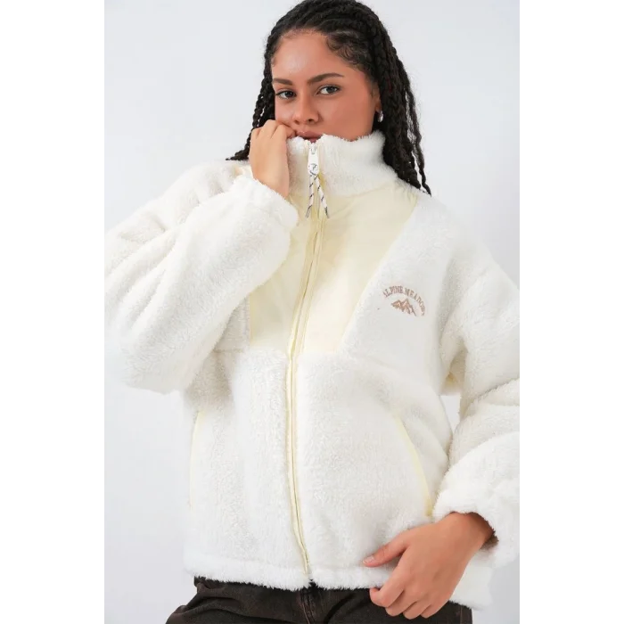 5194 Peluş Mont Ceket - Ekru